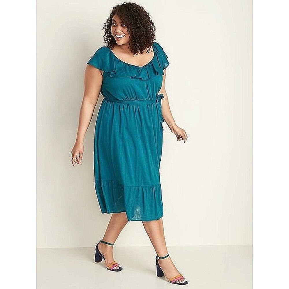 Old Navy Cami Ruffle Blue Scoop Neck Short Sleeve A Line Flare Maxi Dress Sz XL